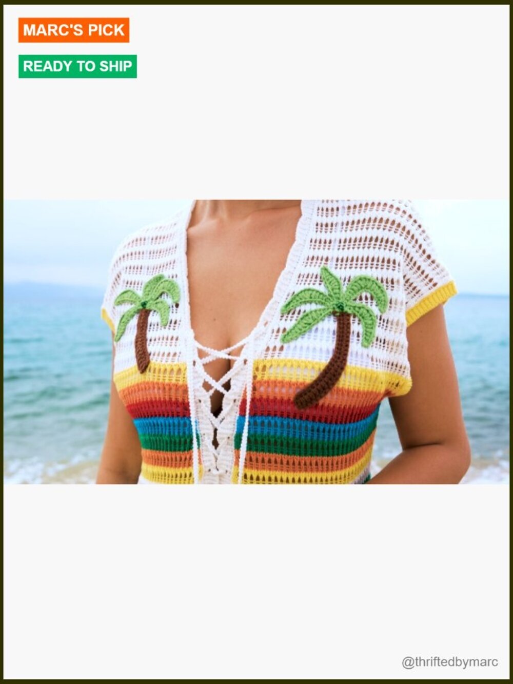 Crochet Beach Cover Up Dress, Striped Swimsuit Coverup with 3D Palm Tree, Deep - Picture 7 of 7